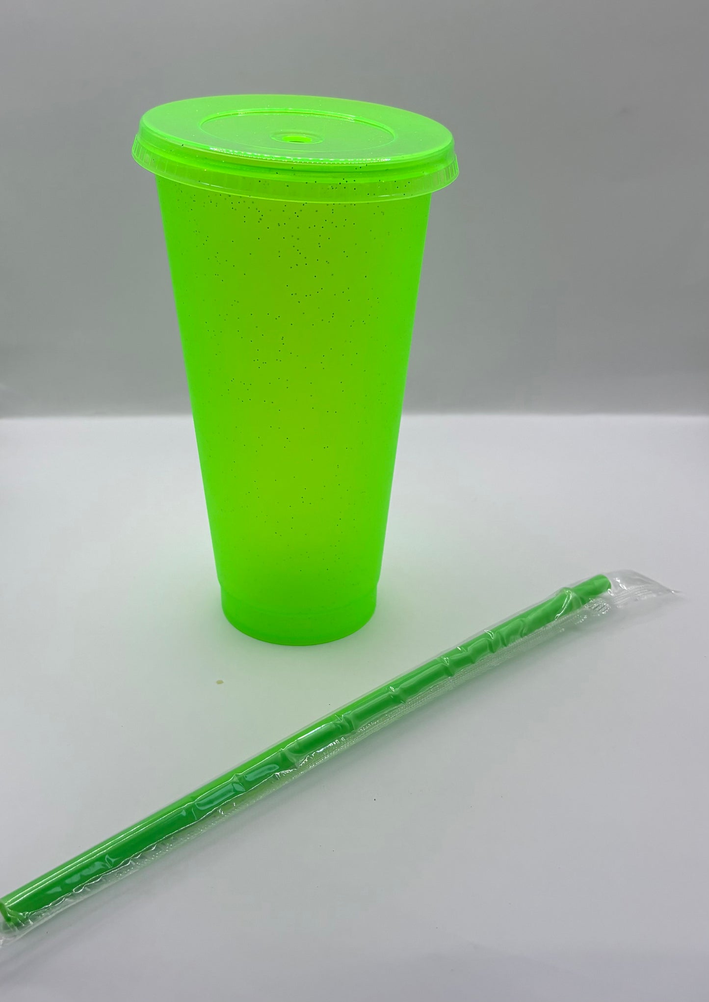 Cup 24oz Neon Green Glitter with Lid & Straw