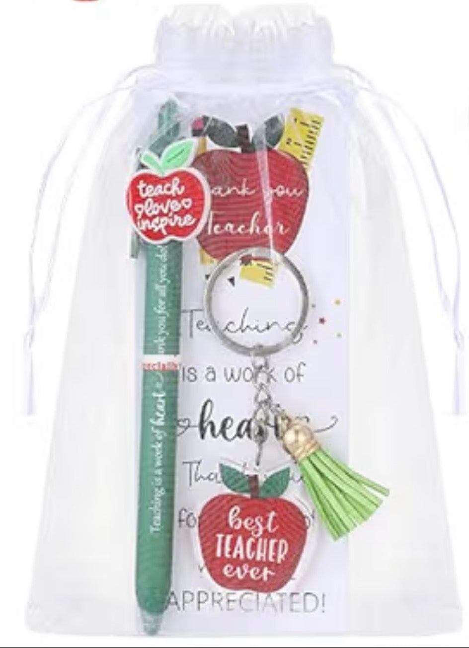 Teacher Pen, Bookmark & Keyring Gift Set with Organza Bag