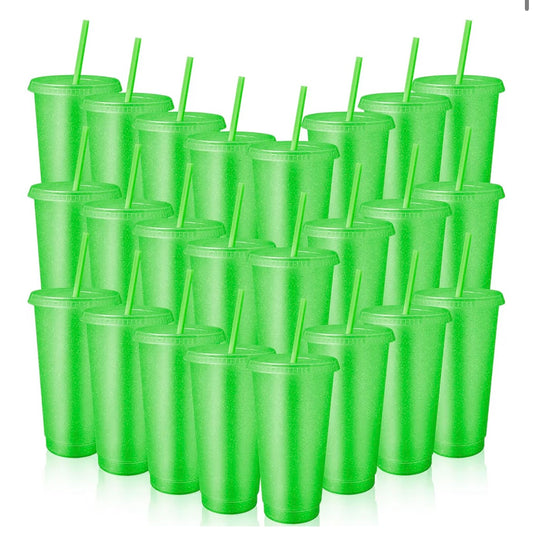 Cup 24oz Neon Green Glitter with Lid & Straw