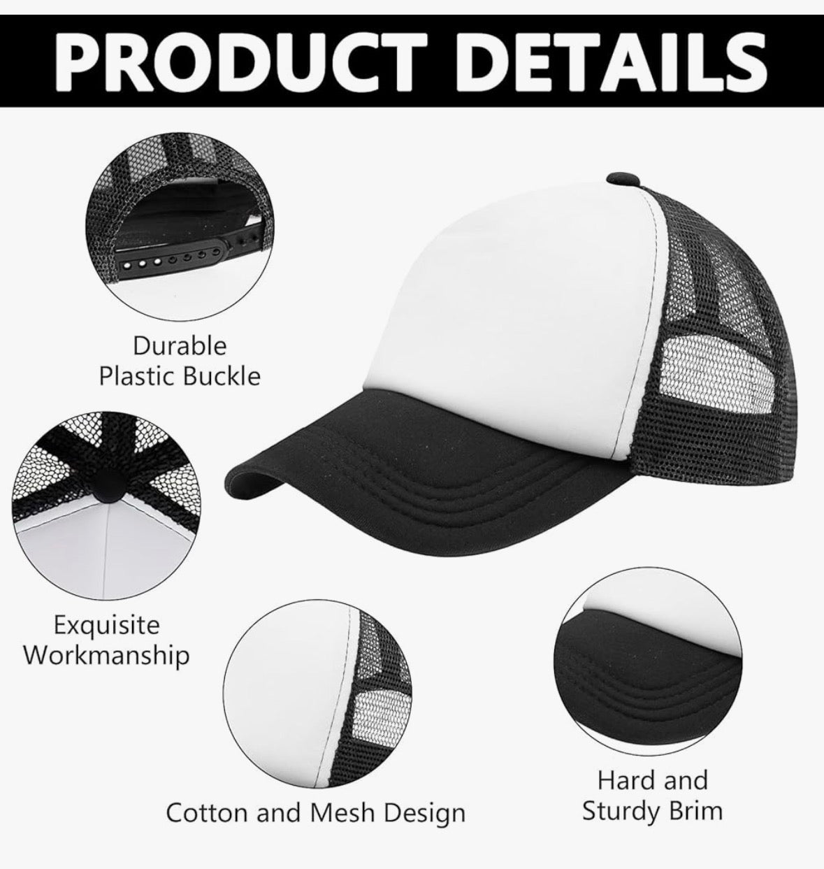 Kids Sublimation Trucker Baseball Cap Black / White