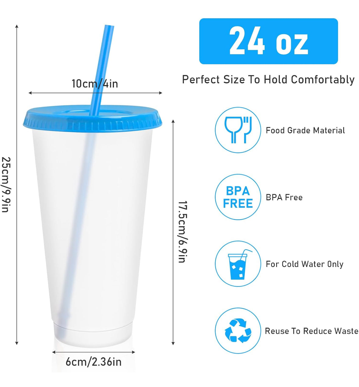 Cup 24oz Clear Frosted Glitter with Choice of Coloured Lid & Straw