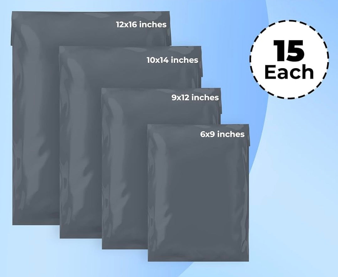 60 Pack Grey Plastic Mailers Mixed Sizes